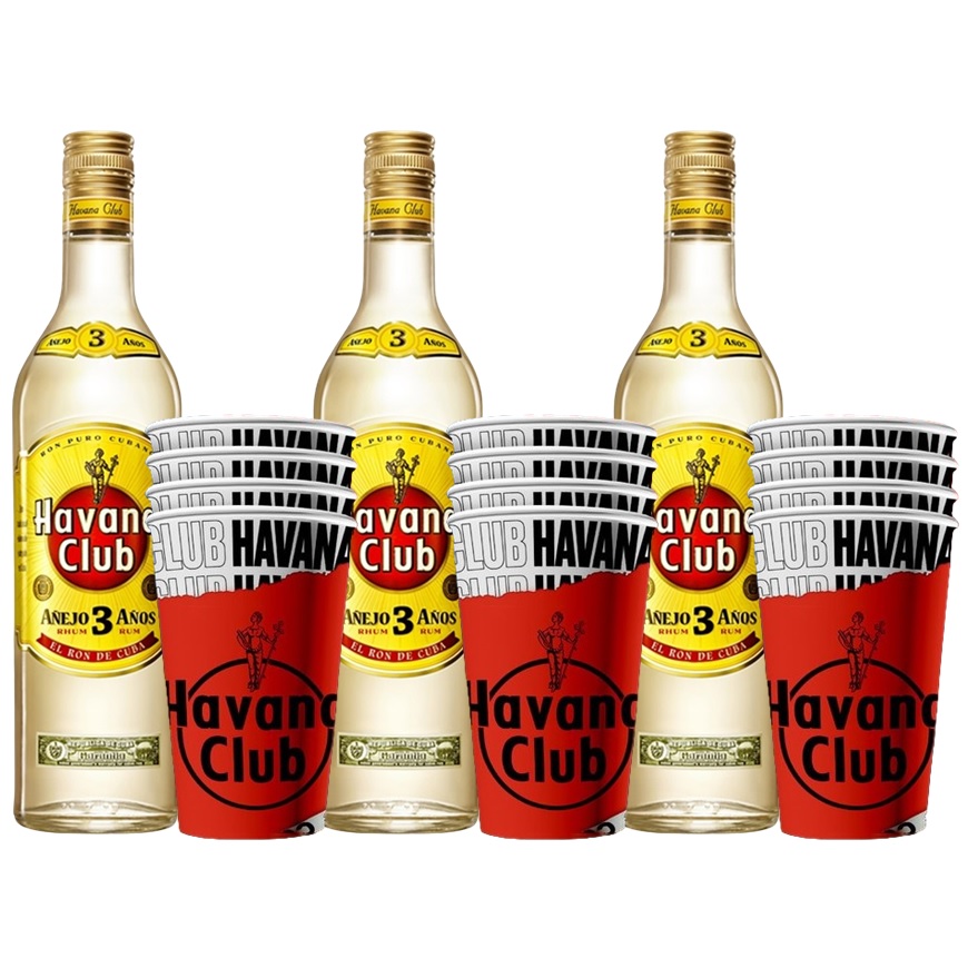 Promo 3 Ron Havana Club 3 Años 750cc + 12 Vasos Polipapel