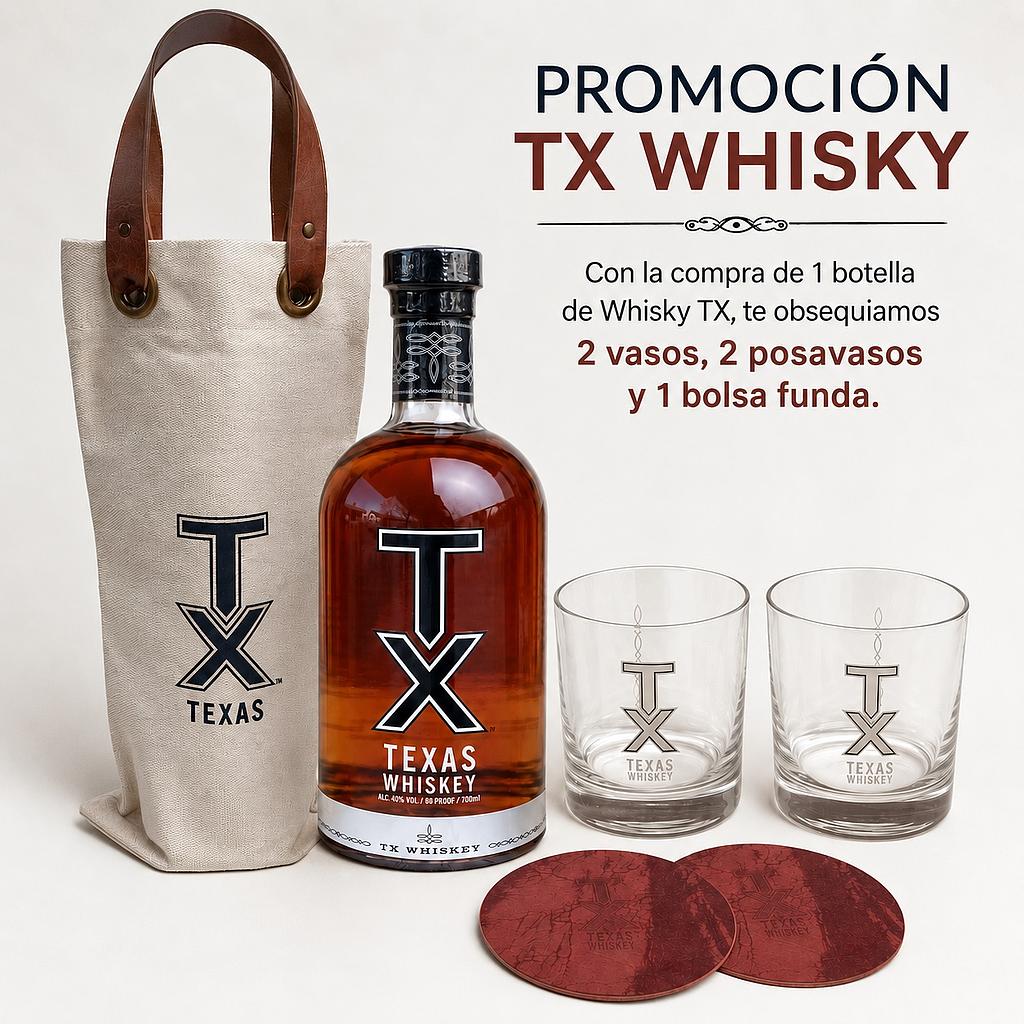 Promo x1 TX Texas Whiskey 700cc + Funda + 2 Vasos + 2 Posa Vasos
